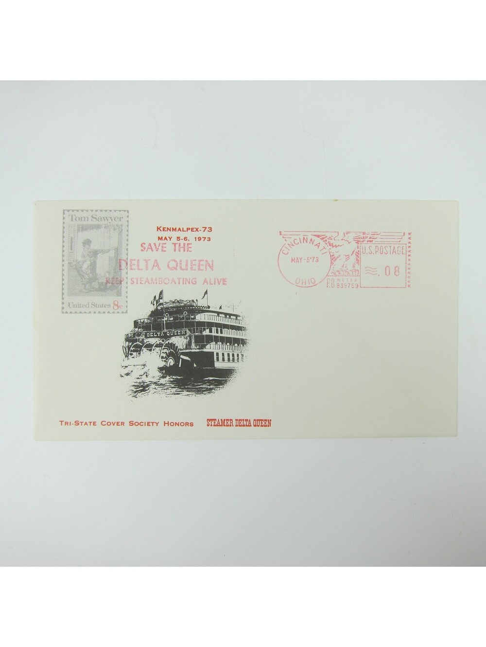Vintage 1973 Steamer Delta Queen Steamboat Mail Stamp Postal Cover Cincinnati OH
